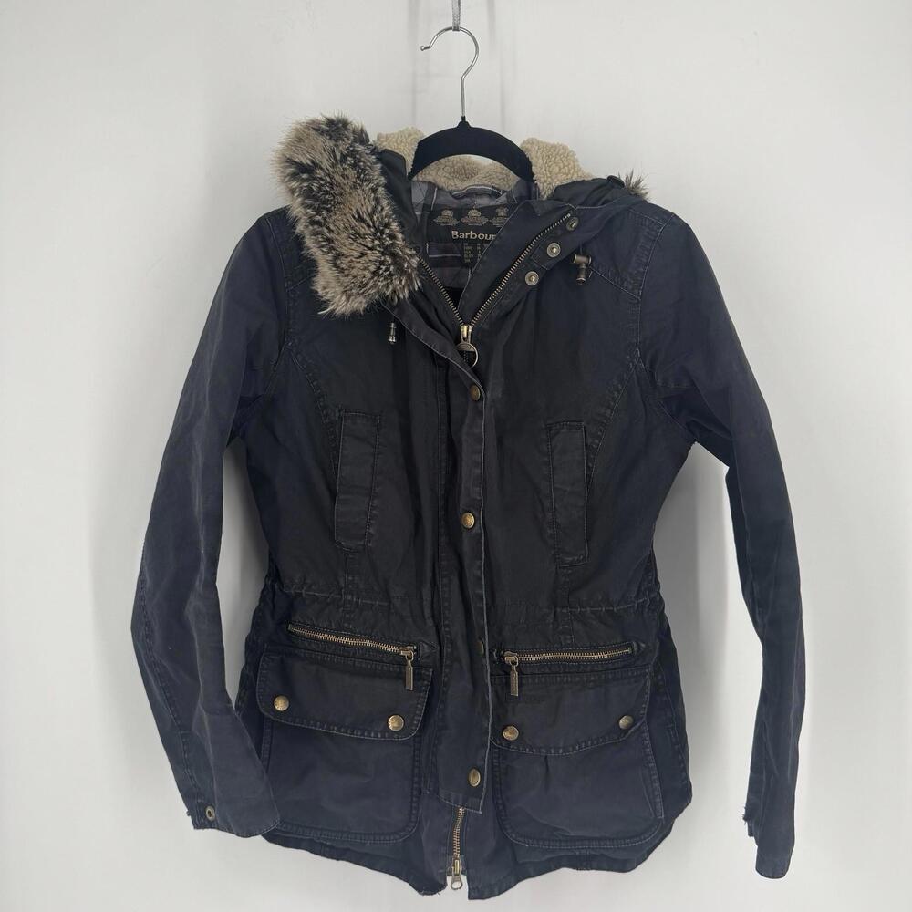 Barbour coat jacket womens 6 navy blue fur hood designer ski winter outdoor